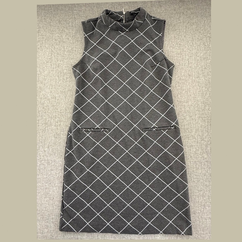 Sharagano Classic Sheath Dress Gray Plaid Size 8 Zipper Closure Mock Neck
